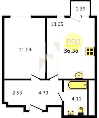 Проект квартиры № 65: комнат 1, этаж 2 из 8, общая площадь 36.36 м², жилая площадь 11.04 м², площадь кухни 13.50 м²