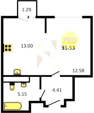 Проект квартиры № 78: комнат 1, этаж 4 из 8, общая площадь 35.53 м², жилая площадь 12.58 м², площадь кухни 13 м²
