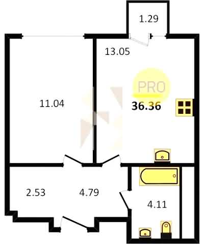 Проект квартиры № 54: комнат 1, этаж 5 из 8, общая площадь 36.36 м², жилая площадь 11.04 м², площадь кухни 13.50 м²
