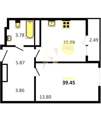 Проект квартиры № 29: комнат 1, этаж 5 из 8, общая площадь 39.45 м², жилая площадь 13.80 м², площадь кухни 10.89 м²
