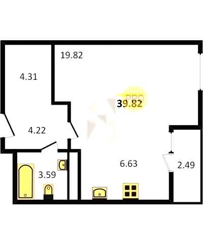 Проект квартиры № 93: комнат 1, этаж 5 из 8, общая площадь 39.82 м², жилая площадь 19.82 м², площадь кухни 6.63 м²
