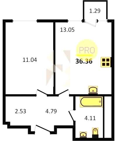 Проект квартиры № 39: комнат 1, этаж 6 из 8, общая площадь 36.36 м², жилая площадь 11.04 м², площадь кухни 13.50 м²