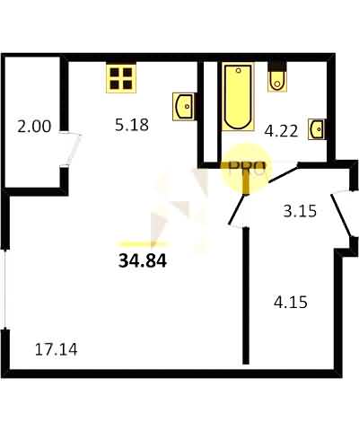 Проект квартиры № 81: комнат 1, этаж 7 из 8, общая площадь 34.84 м², жилая площадь 17.14 м², площадь кухни 5.18 м²
