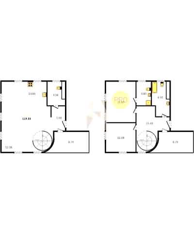 Проект квартиры № 94: комнат 2, этаж 2 из 8, общая площадь 119.38 м², жилая площадь 27.06 м², площадь кухни 46.74 м²