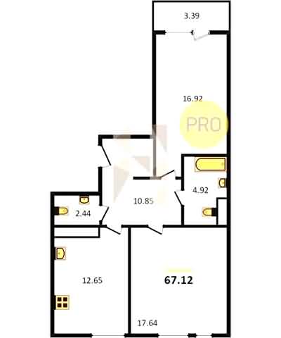 Проект квартиры № 14: комнат 2, этаж 2 из 8, общая площадь 67.12 м², жилая площадь 34.56 м², площадь кухни 12.65 м²
