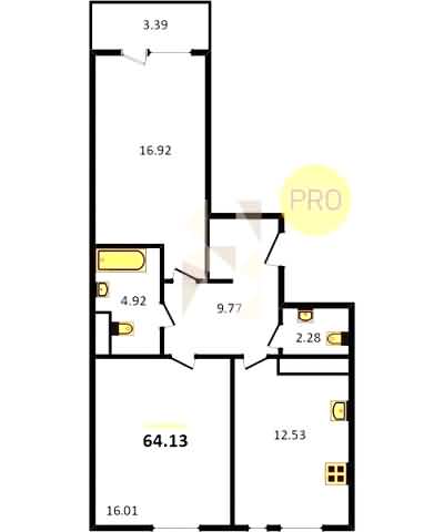 Проект квартиры № 53: комнат 2, этаж 3 из 8, общая площадь 64.13 м², жилая площадь 32.93 м², площадь кухни 12.53 м²