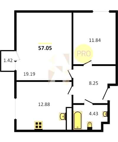 Проект квартиры № 61: комнат 2, этаж 4 из 8, общая площадь 57.05 м², жилая площадь 31.03 м², площадь кухни 12.88 м²