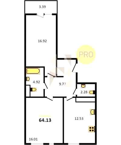 Проект квартиры № 71: комнат 2, этаж 5 из 8, общая площадь 64.13 м², жилая площадь 32.93 м², площадь кухни 12.53 м²