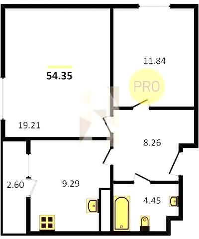 Проект квартиры № 89: комнат 2, этаж 7 из 8, общая площадь 54.35 м², жилая площадь 31.05 м², площадь кухни 9.30 м²