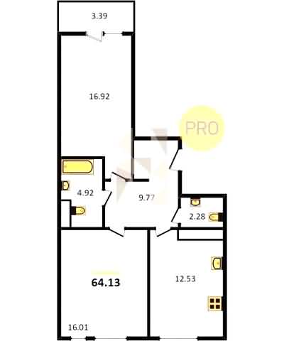 Проект квартиры № 97: комнат 2, этаж 7 из 8, общая площадь 64.13 м², жилая площадь 32.93 м², площадь кухни 12.53 м²