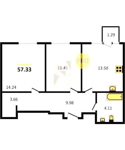 Проект квартиры № 53: комнат 2, этаж 8 из 8, общая площадь 57.33 м², жилая площадь 25.69 м², площадь кухни 13.50 м²