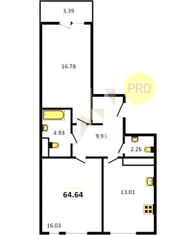 Проект квартиры № 14: комнат 2, этаж 8 из 8, общая площадь 64.64 м², жилая площадь 32.81 м², площадь кухни 13.01 м²
