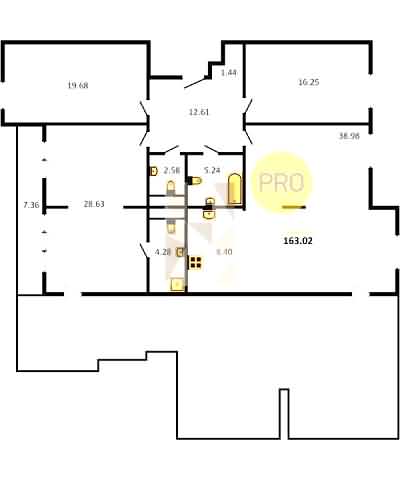 Проект квартиры № 83: комнат 3, этаж 7 из 8, общая площадь 163.02 м², жилая площадь 64.56 м², площадь кухни 47.38 м²