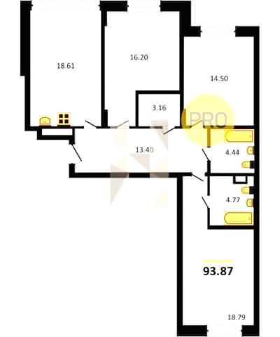 Проект квартиры № 129: комнат 3, этаж 2 из 5, общая площадь 93.87 м², жилая площадь 49.49 м², площадь кухни 18.61 м²