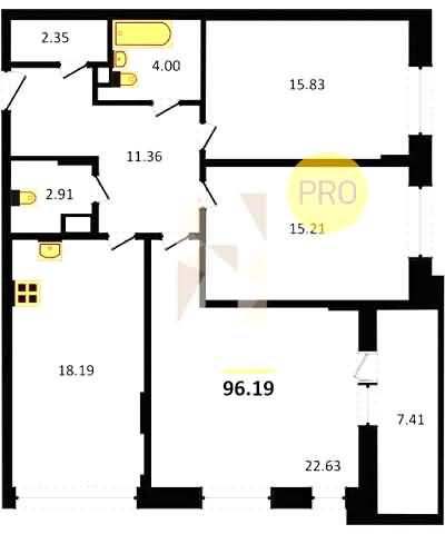 Проект квартиры № 134: комнат 3, этаж 2 из 5, общая площадь 96.19 м², жилая площадь 53.67 м², площадь кухни 18.19 м²