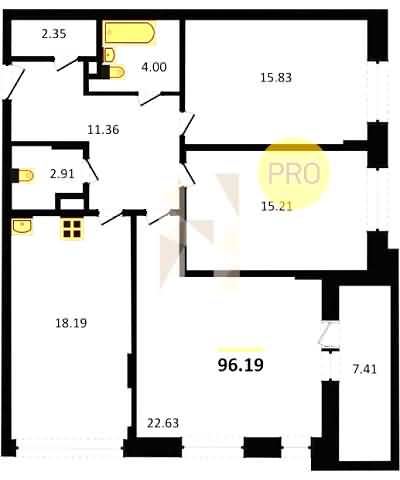 Проект квартиры № 192: комнат 3, этаж 2 из 5, общая площадь 96.19 м², жилая площадь 53.67 м², площадь кухни 18.19 м²