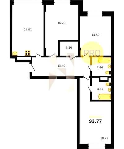 Проект квартиры № 126: комнат 3, этаж 3 из 5, общая площадь 93.77 м², жилая площадь 49.49 м², площадь кухни 18.61 м²