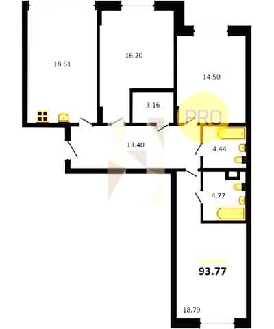 Проект квартиры № 144: комнат 3, этаж 3 из 5, общая площадь 93.77 м², жилая площадь 49.49 м², площадь кухни 18.61 м²