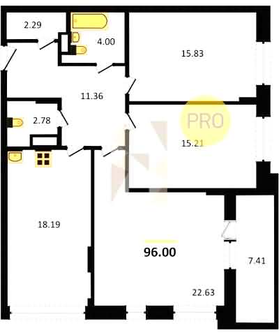 Проект квартиры № 116: комнат 3, этаж 3 из 5, общая площадь 96 м², жилая площадь 53.70 м², площадь кухни 18.19 м²