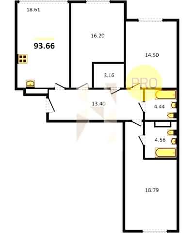 Проект квартиры № 121: комнат 3, этаж 4 из 5, общая площадь 93.66 м², жилая площадь 49.49 м², площадь кухни 18.61 м²