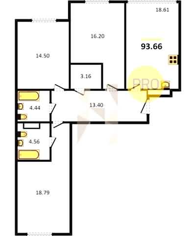Проект квартиры № 122: комнат 3, этаж 4 из 5, общая площадь 93.66 м², жилая площадь 49.49 м², площадь кухни 18.61 м²