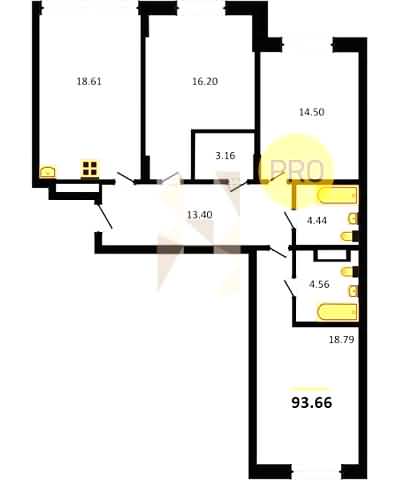 Проект квартиры № 131: комнат 3, этаж 4 из 5, общая площадь 93.66 м², жилая площадь 49.49 м², площадь кухни 18.61 м²