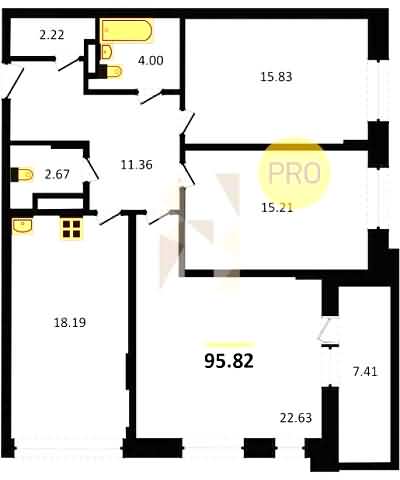 Проект квартиры № 135: комнат 3, этаж 4 из 5, общая площадь 95.82 м², жилая площадь 53.67 м², площадь кухни 18.19 м²